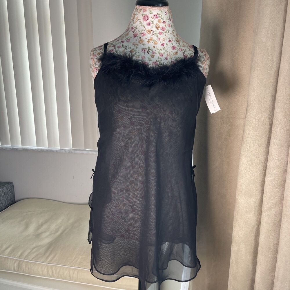 NWT Morgan Taylor Black Sheer Babydoll Lingerie Feather Trim Chemise Nightgown S